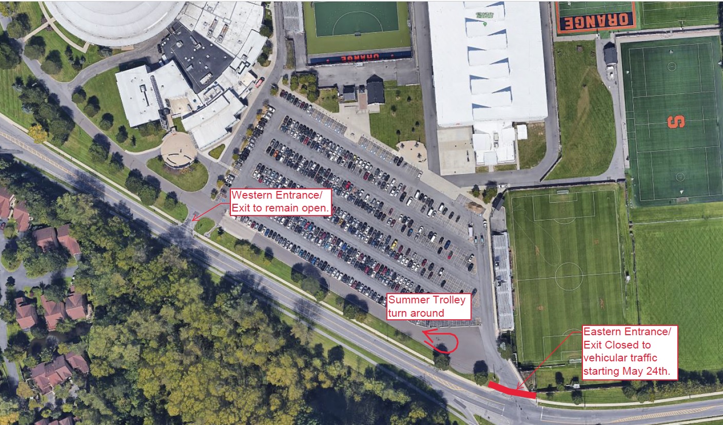 Image to show the location of the entrance closure for summer construction at Manley Field House Parking Lot